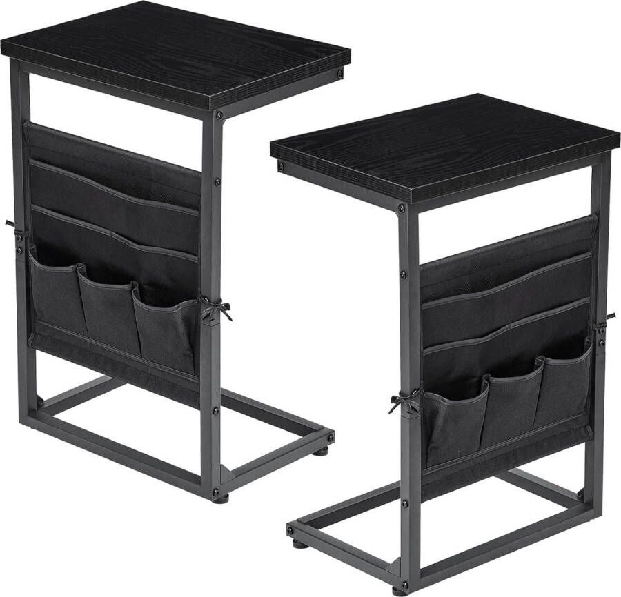 Bijzettafel C-vorm banktafel set van 2 bank salontafel hout kleine salontafel met opbergvakken banktafel woonkamer met zwart metaal