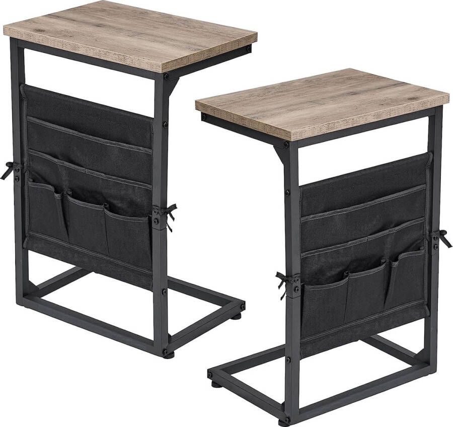 Bijzettafel C-vorm banktafel set van 2 bank salontafel hout kleine salontafel met opbergzakken banktafel woonkamer met grijs metaal