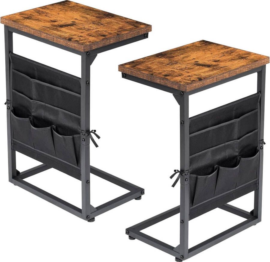 Bijzettafel C-vorm banktafel set van 2 stuks houten koffietafel met opbergvakken salontafel woonkamer met bruin metaal