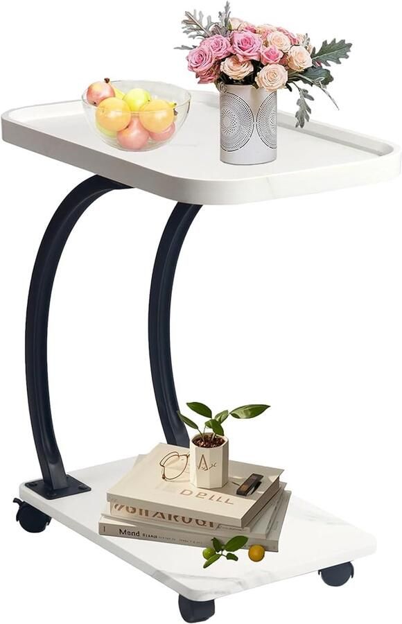 Retadou Bijzettafel C-vorm Bijzettafel Bank met wielen Kleine houten salontafel heeft metalen frame industrieel design 52 x 34 x 60 cm Bijzettafels voor de woonkamer voor koffie en laptop (wit)