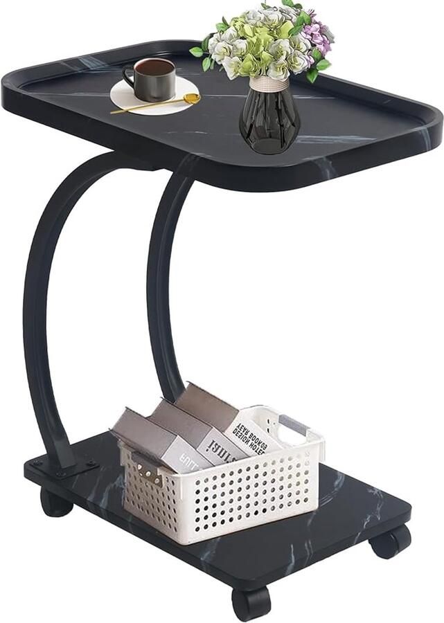 Retadou Bijzettafel C-vorm Bijzettafel bank met wieltjes Kleine houten salontafel heeft metalen frame industrieel design 52 x 34 x 60 cm bijzettafels voor de woonkamer voor koffie en laptop (zwart)