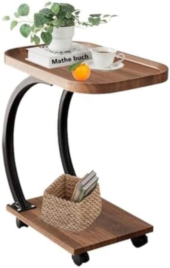 Bijzettafel C-vorm Bijzettafel Bank met wieltjes Kleine houten salontafel heeft notenhouten afwerking Eenvoudig te monteren industrieel design bijzettafel voor woonkamer slaapkamer