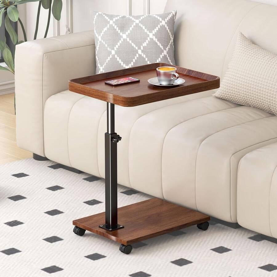 Bijzettafel C-vorm in hoogte verstelbaar kleine salontafel houten banktafel C-vorm bijzettafel voor bank moderne mobiele koffietafel zijtafel voor woonkamer en slaapkamer (vierkant)