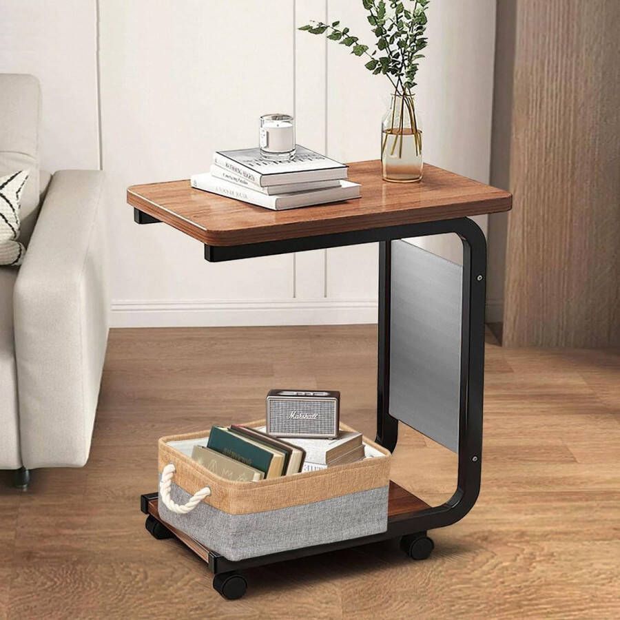 Bijzettafel C-vorm kleine salontafel van hout moderne mobiele koffietafel zijtafel voor woonkamer en slaapkamer (A)