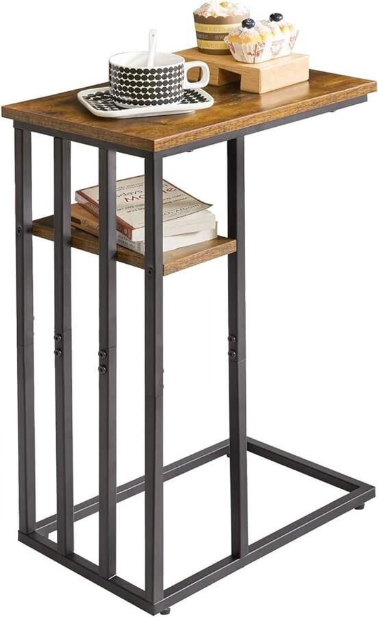 Bijzettafel C-vorm laptoptafel kleine salontafel met wieltjes woonkamertafel met metalen frame industrieel design