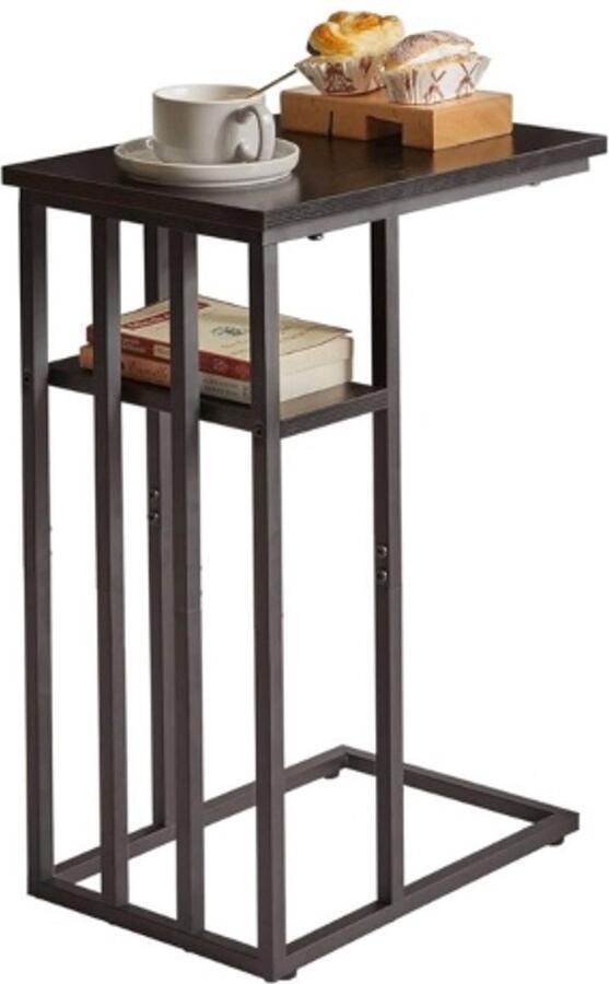 Bijzettafel C-vorm laptoptafel kleine salontafel met wieltjes woonkamertafel met metalen frame industrieel design zwart