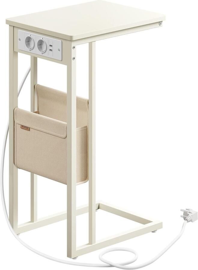 Bijzettafel C-vorm nachttafel koffietafel met stopcontact opbergzak en verstelbare tafelpoten stijlvol modern en eenvoudig uiterlijk stevig en duurzaam metalen frame geschikt voor slaapkamer en woonkamer 30 x 40 x 62 cm wit