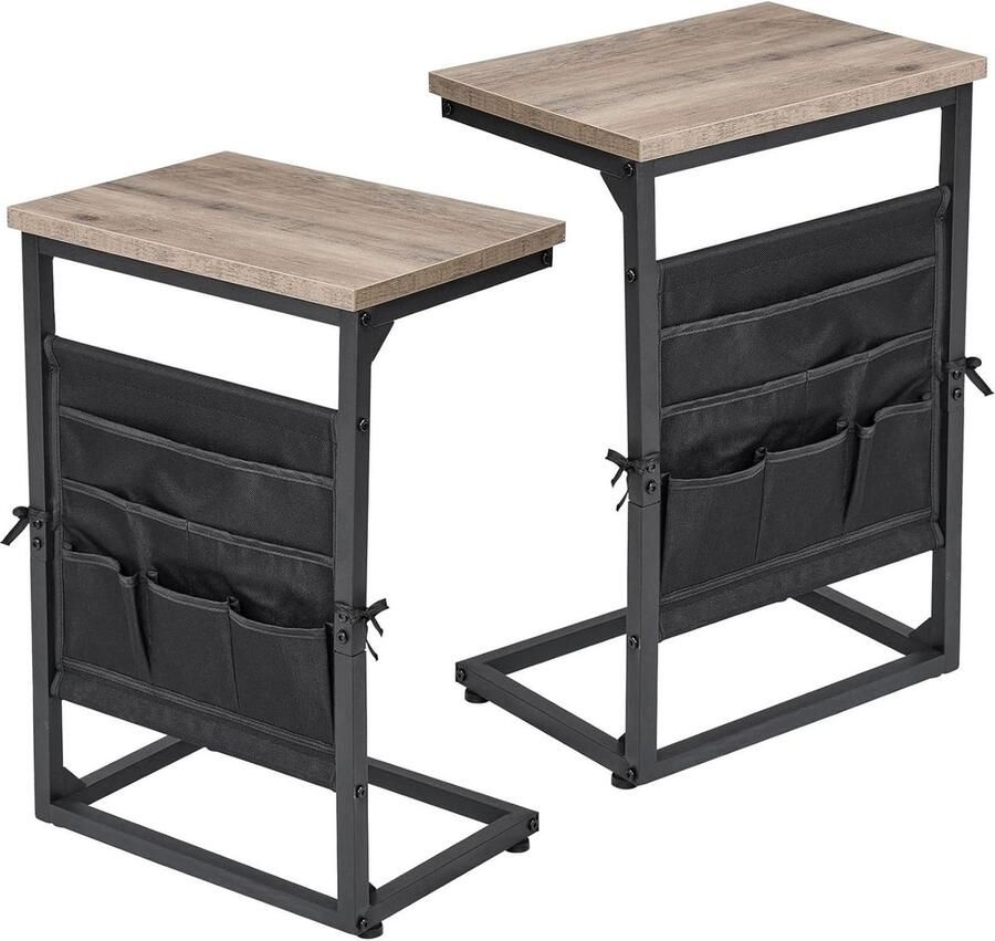 Bijzettafel C-vorm set 2 salontafel hout opbergzakken zwart metaal