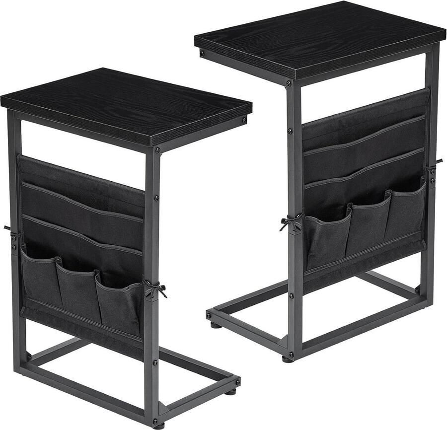 Bijzettafel C-vorm set van 2 stuks houten koffietafel met opbergvakken banktafel woonkamer zwart metaal