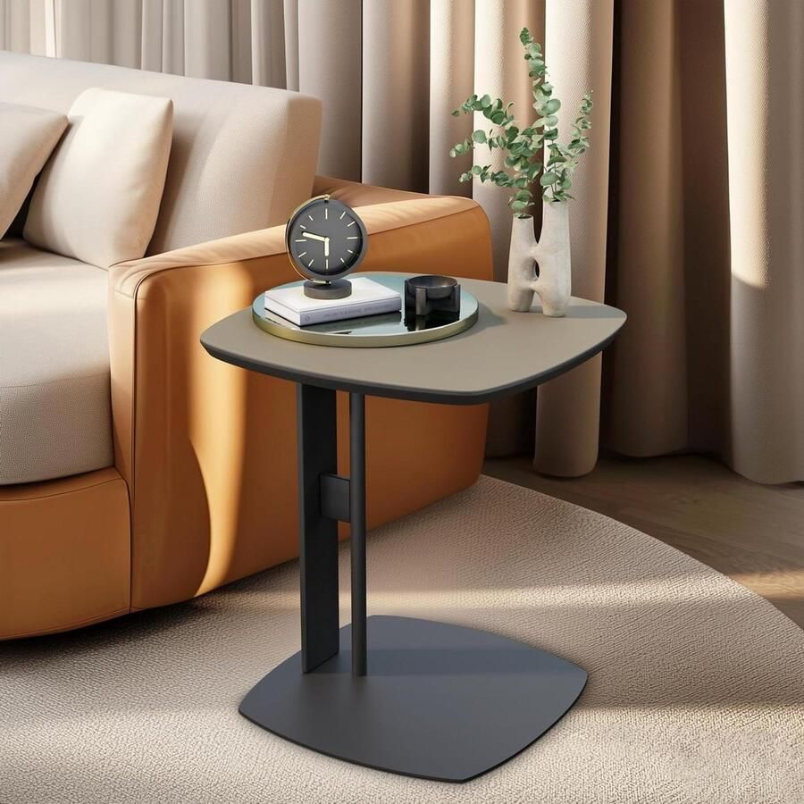 Bijzettafel C-vorm vierkant stijlvolle koffietafel luxe krasbestendig leer woonkamertafel met metalen frame 45×45×50cm grijs
