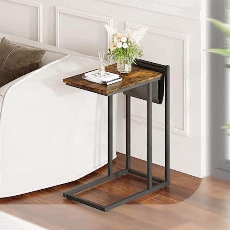 Bijzettafel C-vormig metaal met tijdschriftenhouder industriële stijl