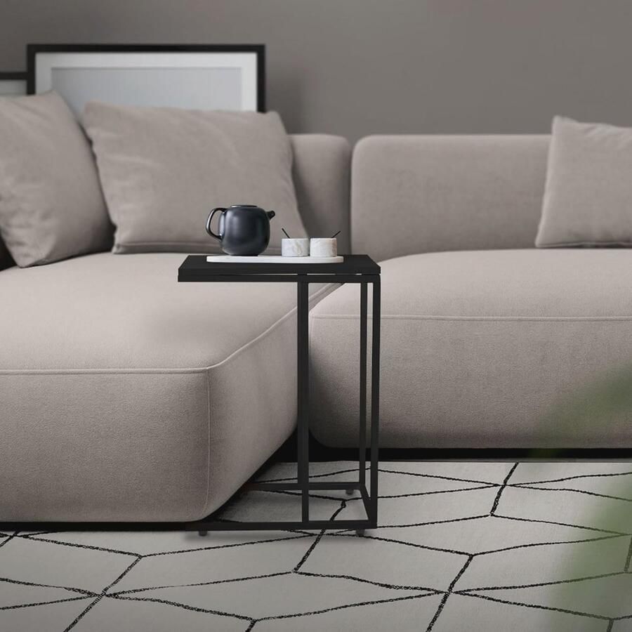 Bijzettafel C-vormig Zwart Metalen Frame & Houten Blad Multifunctioneel voor Woonkamer Slaapkamer en Onder de Bank