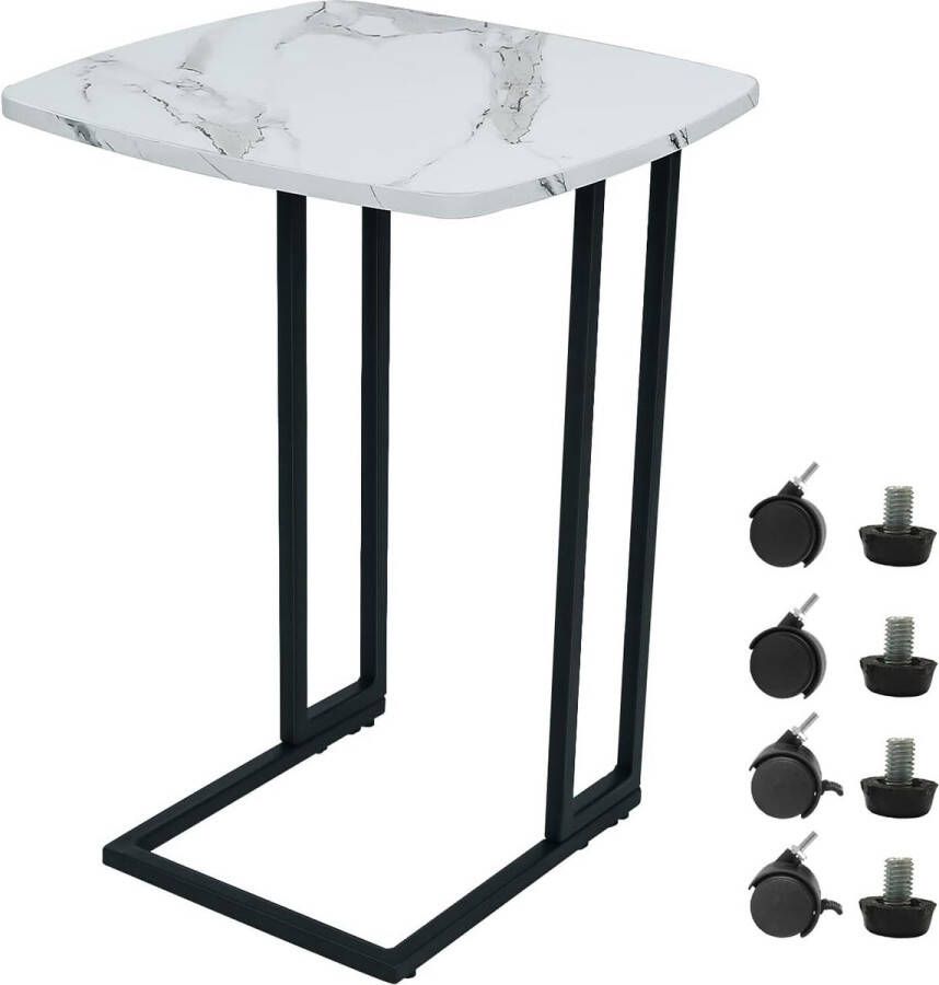 Bijzettafel C-vormige banktafel met wielen salontafel van wit marmer textuur MDF salontafel met metalen frame woonkamertafel voor koffie laptop balkon 40 x 40 x 61 cm (L x B x H)