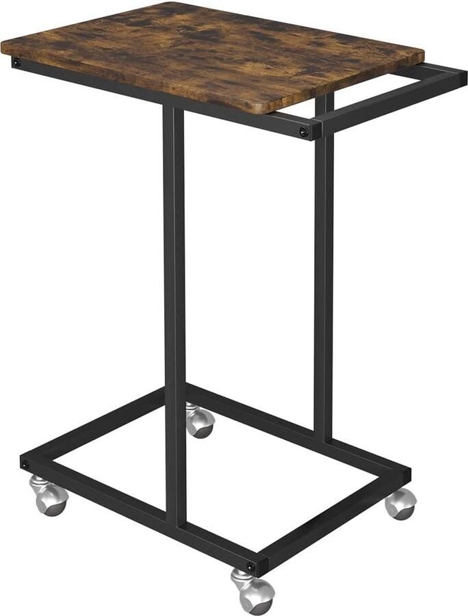 Goodivery Bijzettafel C-vormige banktafel met wielen verrijdbare salontafel woonkamertafel met metalen frame salontafel voor koffie en laptop 35 x 55 x 68 cm industrieel design vintage bruin