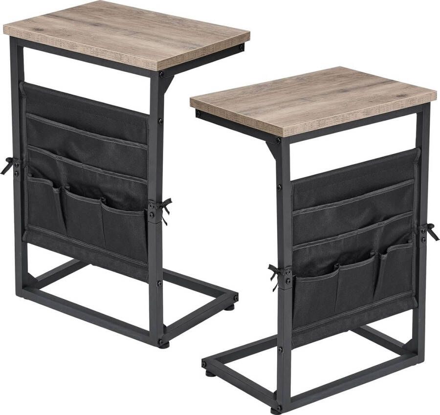 Bijzettafel C-vormige banktafel set van 2 kleine houten salontafel banktafel woonkamertafel met verstelbare poten metalen frame grijs