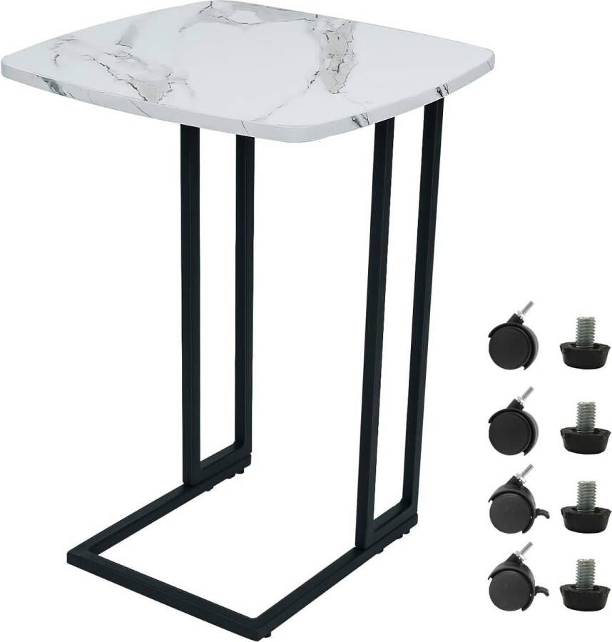 Bijzettafel C-vormige bijzettafel met wieltjes wit marmeren textuur MDF koffietafel salontafel met metalen frame woonkamertafel voor koffie laptop balkon 40 x 40 x 61 cm (l x b x h)