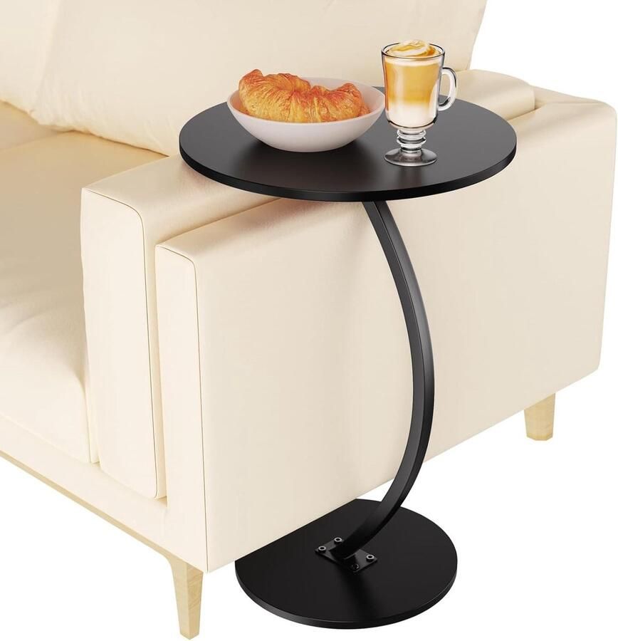 Bijzettafel C-vormige kleine bijzettafel mobiele banktafel woonkamertafel met metalen frame ronde tafel als legplank voor bank voor koffie en laptop 60 x Ø 39 cm donker