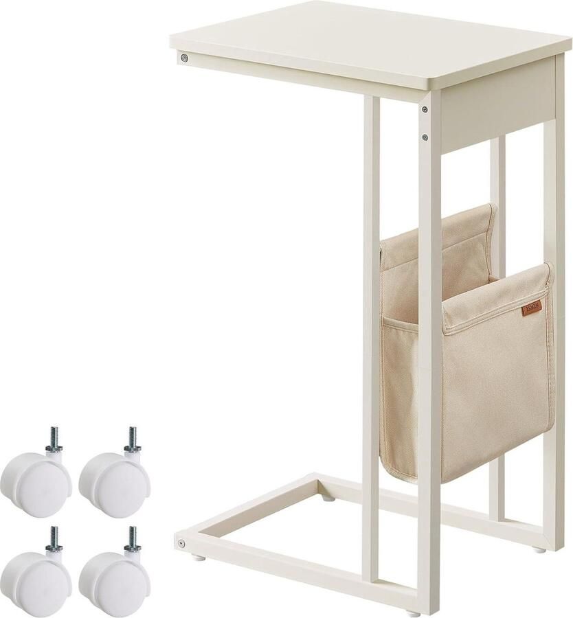 Bijzettafel C-vormige salontafel met opbergtas Verstelbare poten en zwenkwielen Woonkamer Crèmewit LET357W77