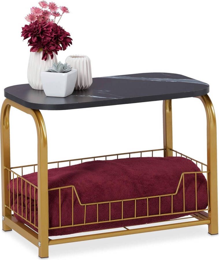 Bijzettafel draadmand opbergruimte tafeltje marmer metaal tijdschriften HxBxD: 38x50x30 cm zwart-goud