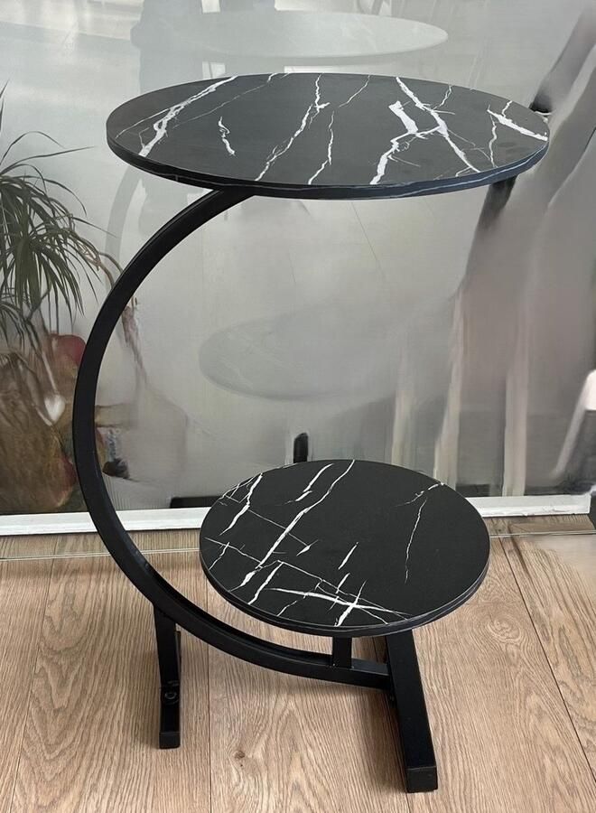 Ceruzo Bijzettafel Dubbel Tafelblad Rond 30 en 40 cm -Koffietafel -Banktafel Zwart gemarmerd blad - Foto 2