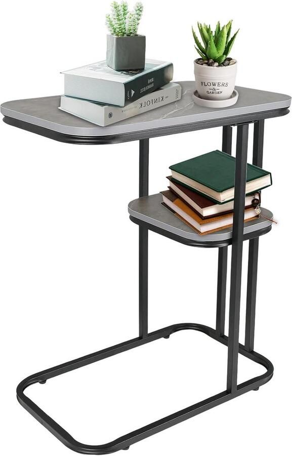 Bijzettafel dubbellaagse kleine salontafel C-vorm koffietafel woonkamer slaapkamer marmeren tafelblad metaal laptoptafel grijs