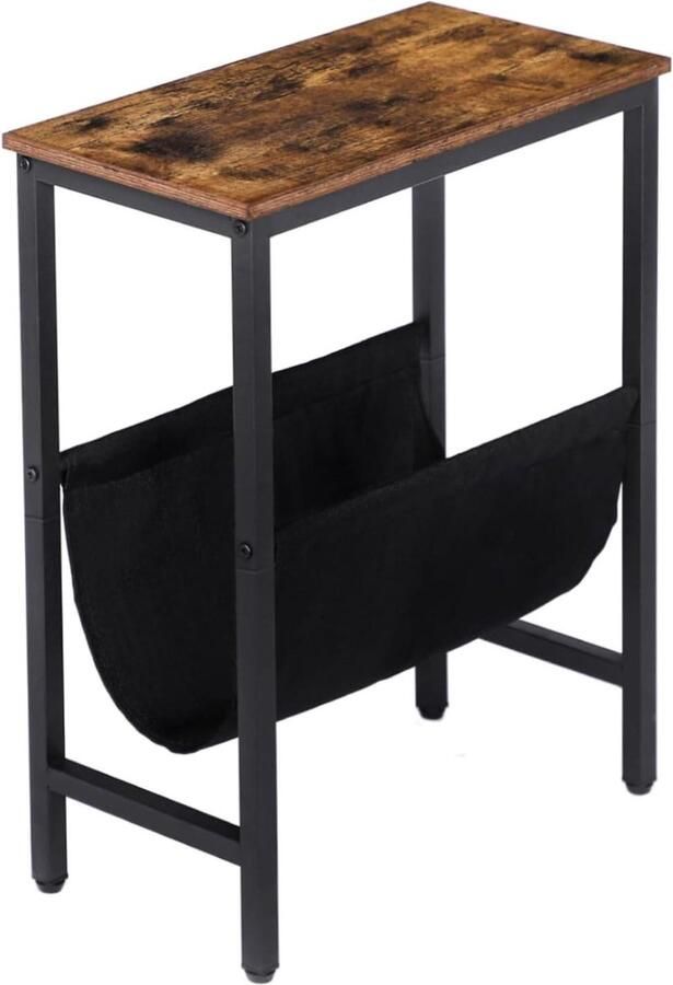 Bijzettafel dun met opbergtas Industriële stijl voor kleine ruimtes Eenvoudige montage Metalen frame houtlook rustiek bruin EBF41BZ01