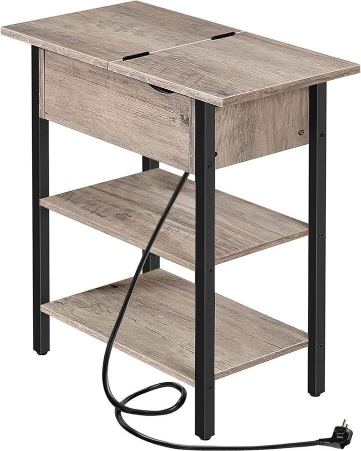 Bijzettafel flip-top banktafel met laadstation en legplank smal nachtkastje voor kleine ruimtes slaapkamer woonkamer stabiel greige-zwart EBG342BZ01 - Foto 2