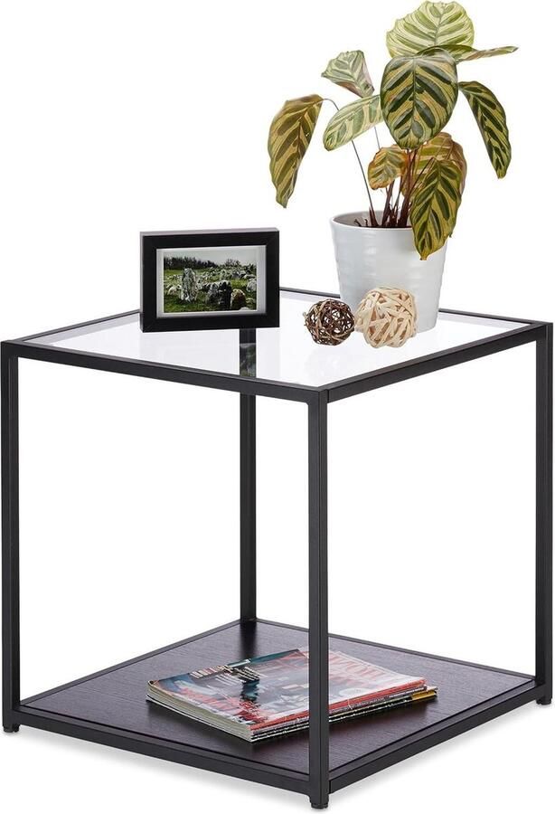 Bijzettafel glas 2 bladen metalen frame HBD 50x50x50 cm vierkante loungetafel robuuste salontafel zwart moderne stijl hoogglans oppervlak