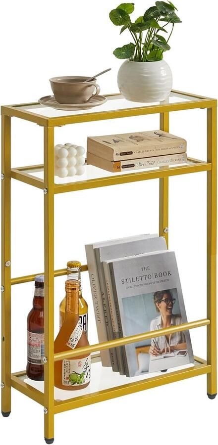 Retadou Bijzettafel glazen tafel met tijdschriftenrek 3 niveaus smalle bijzettafel met opbergplank salontafel voor smalle ruimtes nachtkastje voor woonkamer slaapkamer goudkleurig