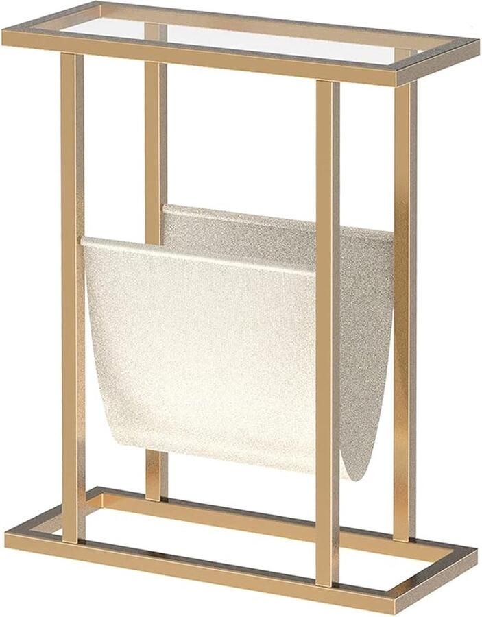 Bijzettafel gouden bijzettafel smal bed bijzettafel slanke eindtafel van gehard glas kleine bijzettafel met tijdschriftenhouder bank bijzettafel voor woonkamer slaapkamer ruimtebesparend goud EGD78BZ01