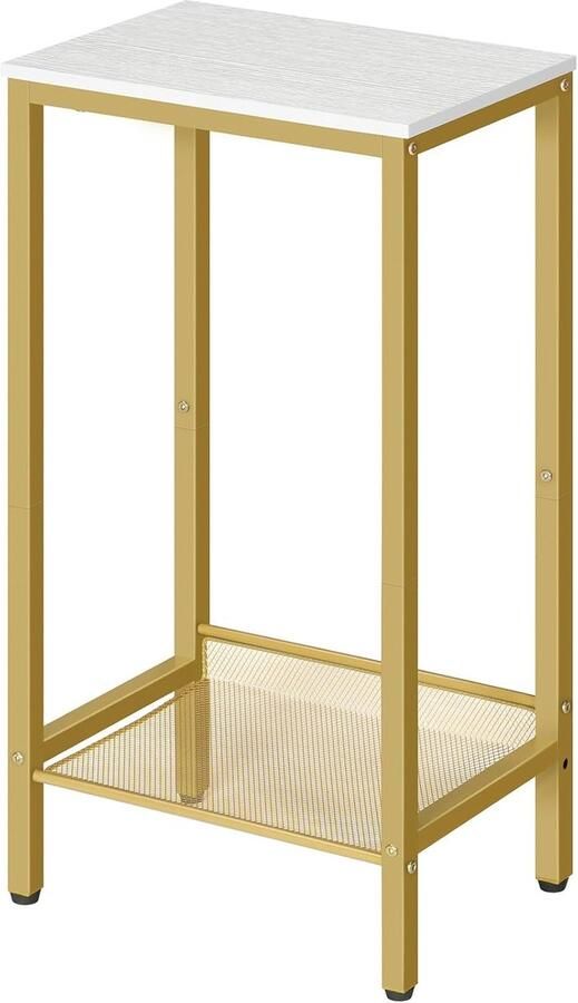 Retadou Bijzettafel hoog telefoontafel met verstelbare netplank smal nachtkastje banktafel 38 x 28 x 73 5 cm voor kantoorhal woonkamer industrieel design wit en goud