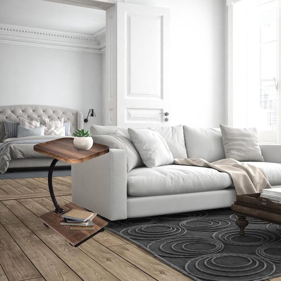 Bijzettafel hout 2 etages salontafel met wielen en rem C-vorm 30x40x58 cm houtlook bijzettafels voor woonkamer banken binnen en buiten koffietafel