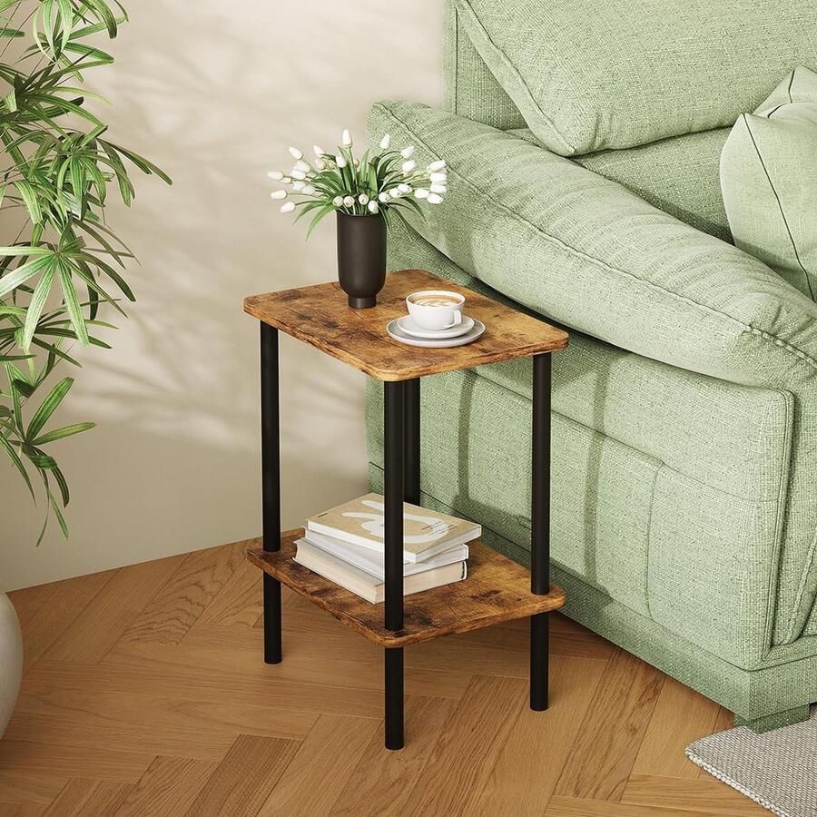 Bijzettafel hout 2 niveaus smal 40 x 30 x 52 cm kleine bijzettafel met opbergruimte smal voor woonkamer slaapkamer balkon eenvoudige montage bruin