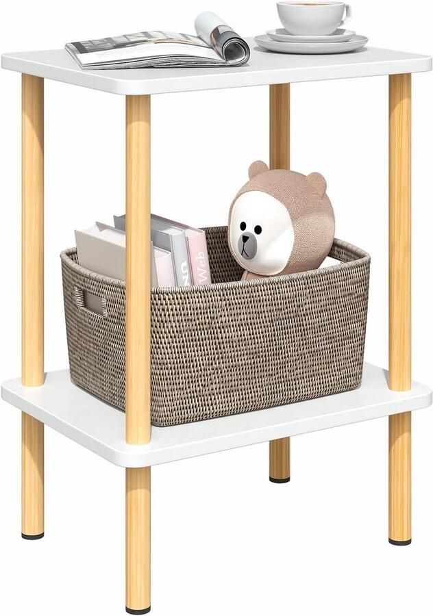 Bijzettafel hout – 2 niveaus – Smal ontwerp – 40 x 30 x 52 cm – Met opbergruimte – Natuur Wit