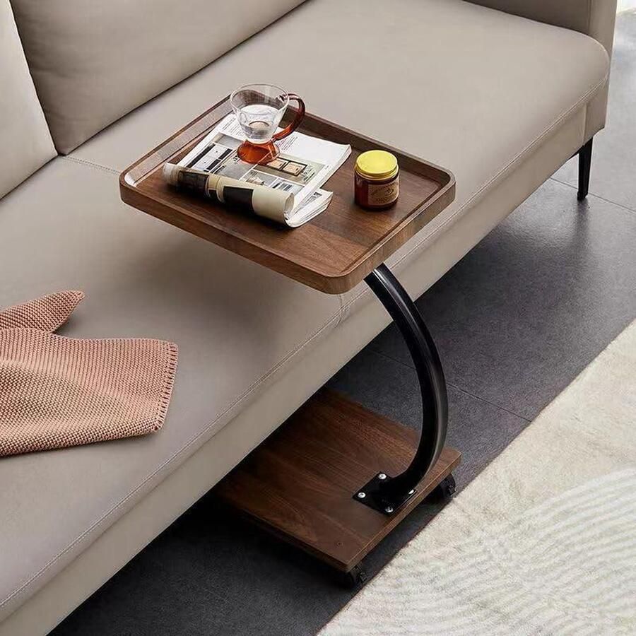 Bijzettafel hout met 2 etages C-vorm multifunctioneel 1 stuk houtlook 30 x 40 x 58 cm