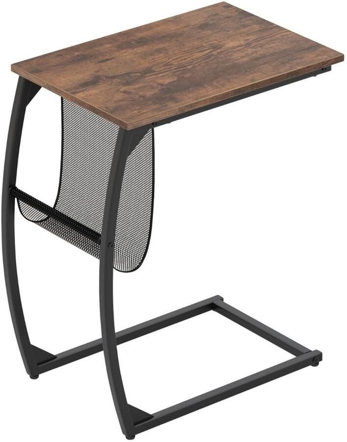 Bijzettafel Hout & Metaal – C-vormige Laptoptafel met Zijvak Industrieel Design 51 x 35 x 64 cm Woonkamer Bed Slaapkamer