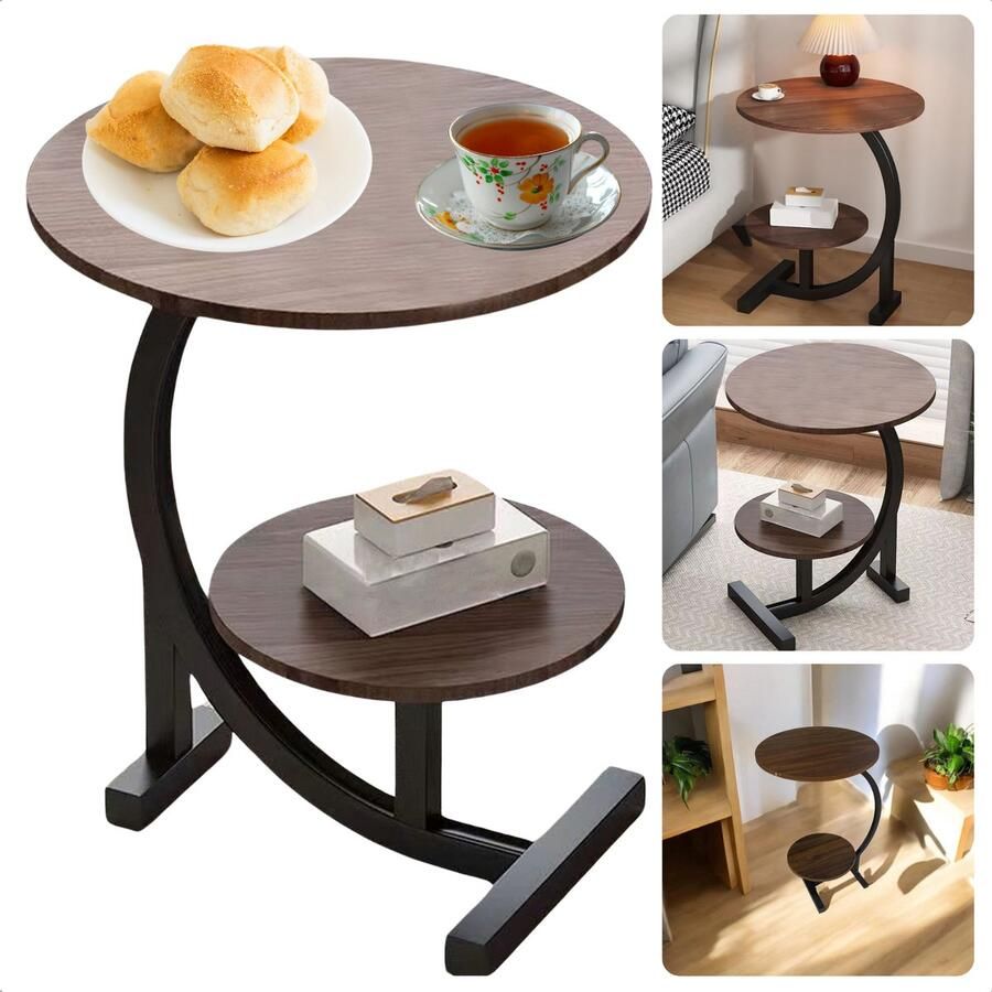 Cheqo Bijzettafel Hout Metaal Salontafel Dubbel Tafelblad Bruin Moderne Sidetable Woonkamer Inclusief EBOOK