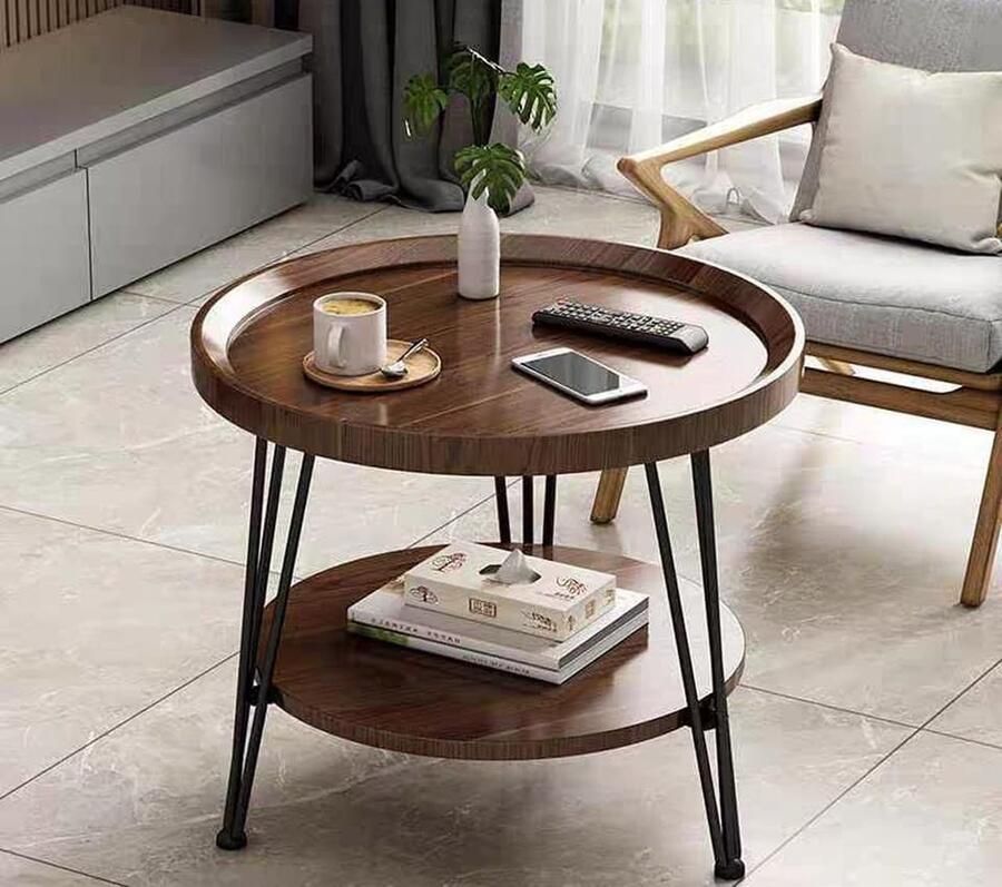 Bijzettafel hout rond met 2 etages salontafel hout woonkamertafel bovenste tafelblad bijzettafel 50 cm Ø hoogte 60 cm geschikt voor werkkamer