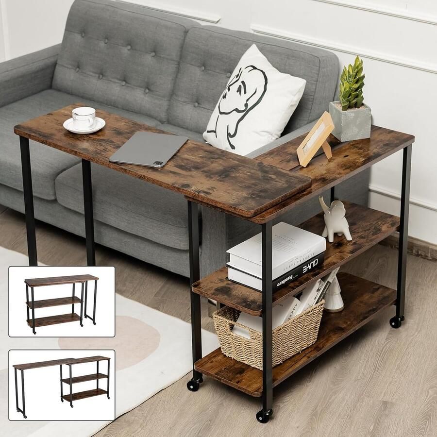 Bijzettafel hout salontafel L-vorm tafelblad 360° draaibaar 3 niveaus salontafel met wieltjes woonkamertafel met metalen frame vintage 101 x 82 5 x 72 5 cm bruin