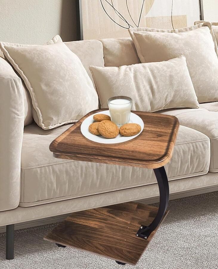 Bijzettafel hout wieltjes salontafel C-vormige steun 30x40x58 cm houtlook motorblok 4 wielen (2 met rem) woonkamer banken