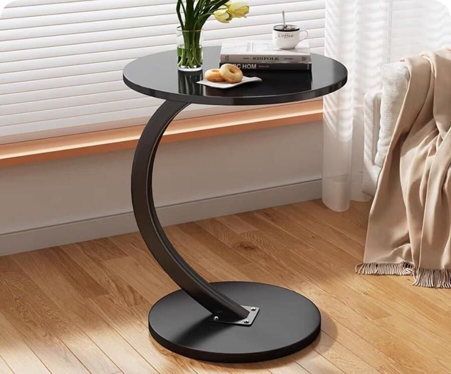 Bijzettafel hout zwart salontafel hout salontafel rond kleine bijzettafel C-vorm tafelblad diameter 40 cm hoogte 60 cm bijzettafels voor bank woonkamer