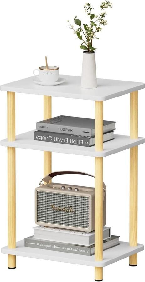 Bijzettafel 3 niveaus houten smal opbergruimte 40 x 30 x 61.5 cm woonkamer slaapkamer balkon eenvoudige montage Wit Natuurlijk