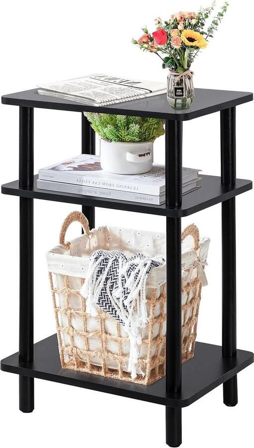 Houten bijzettafel met 3 niveaus voor slaapkamer- 40 x 30 x 70 cm Zwarte salontafel en nachtkastjes Woonkamer en slaapkamer nachtkastje zwart 60 cm hoog