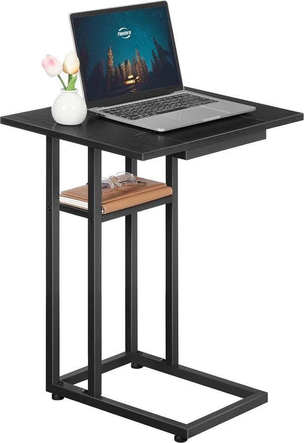 Bijzettafel in C-vorm inklapbare banktafel industriële stijl met plank voor woonkamer slaapkamer zwart