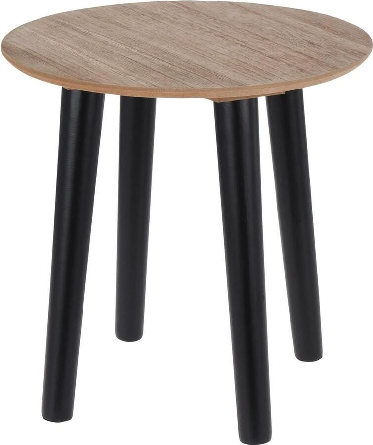 Kleine houten salontafel bijzettafel met zwarte poten rond 30 x 30 cm Scandinavische stijl plantenkruk natuurkleuren zwart