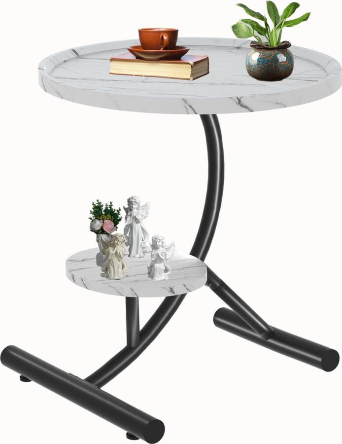 Bijzettafel kleine bijzettafel C-vorm dubbellaagse salontafel klein banktafel met metalen frame en marmeren textuur ronde salontafel van hout voor koffie laptop (wit)
