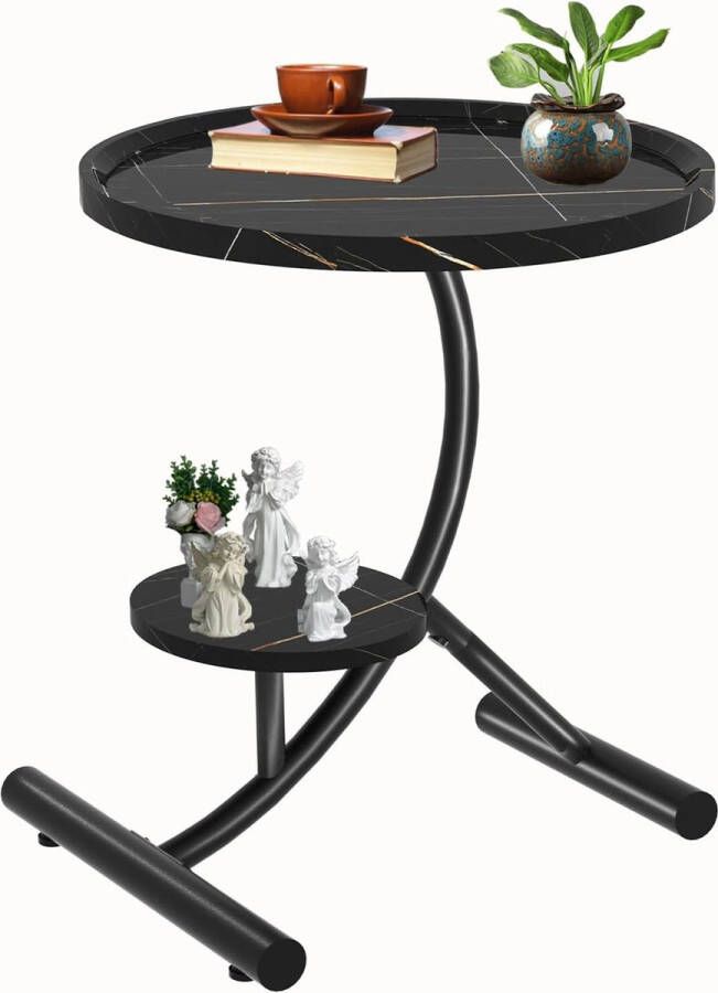 Bijzettafel kleine bijzettafel C-vorm dubbellaagse salontafel klein banktafel met metalen frame en marmeren textuur ronde salontafel van hout voor koffie laptop (zwart)