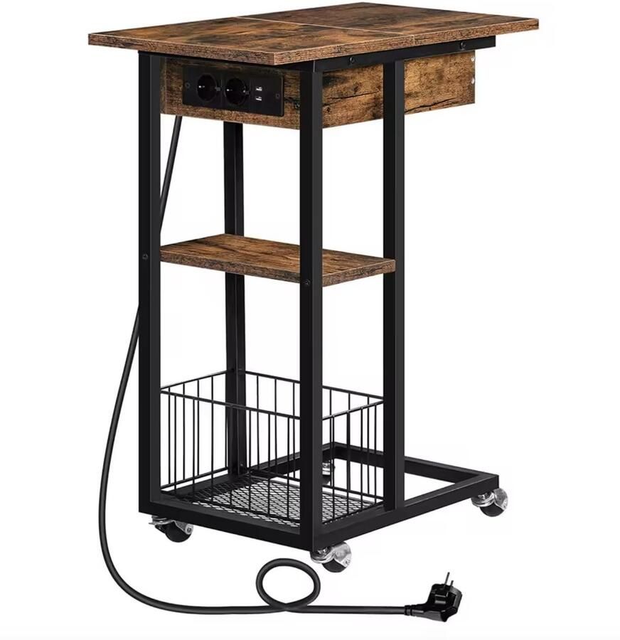 J&R Bijzettafel Kleine bijzettafel Sidetable Banktafel Tafel Eindtafel Nachtkastje Naast bank Naast bed Met stopcontact Stroom Opbergvak Op wieltjes USB Industrieel Bruin