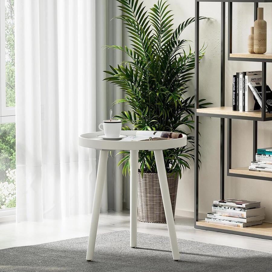 Bijzettafel kleine ronde salontafel woonkamertafel met poten van massief hout Scandinavische stijl dessert voor woonkamer slaapkamer balkon 38 x 45 cm wit - Foto 2