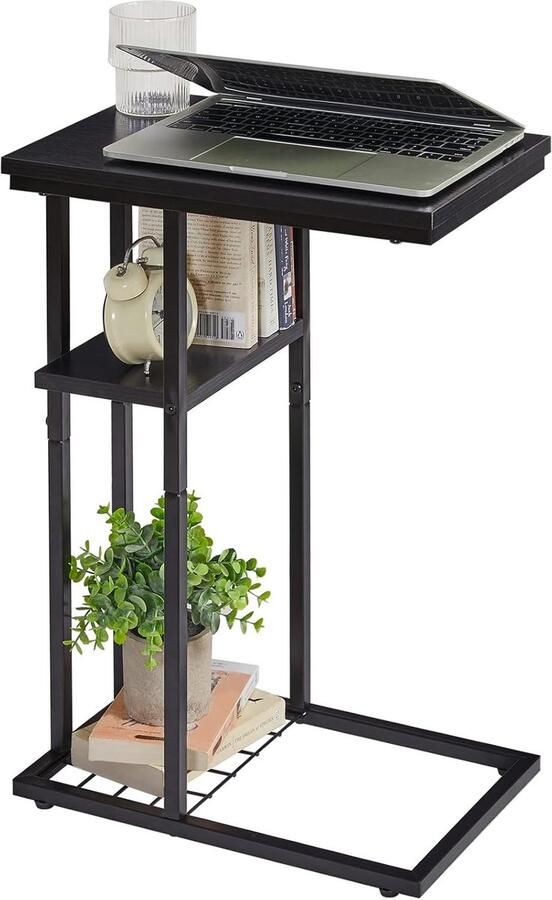 Bijzettafel C-vorm met 2 etages Kleine koffietafel voor woonkamer Industriële stijl Zwart 40 x 26 x 61.5 cm
